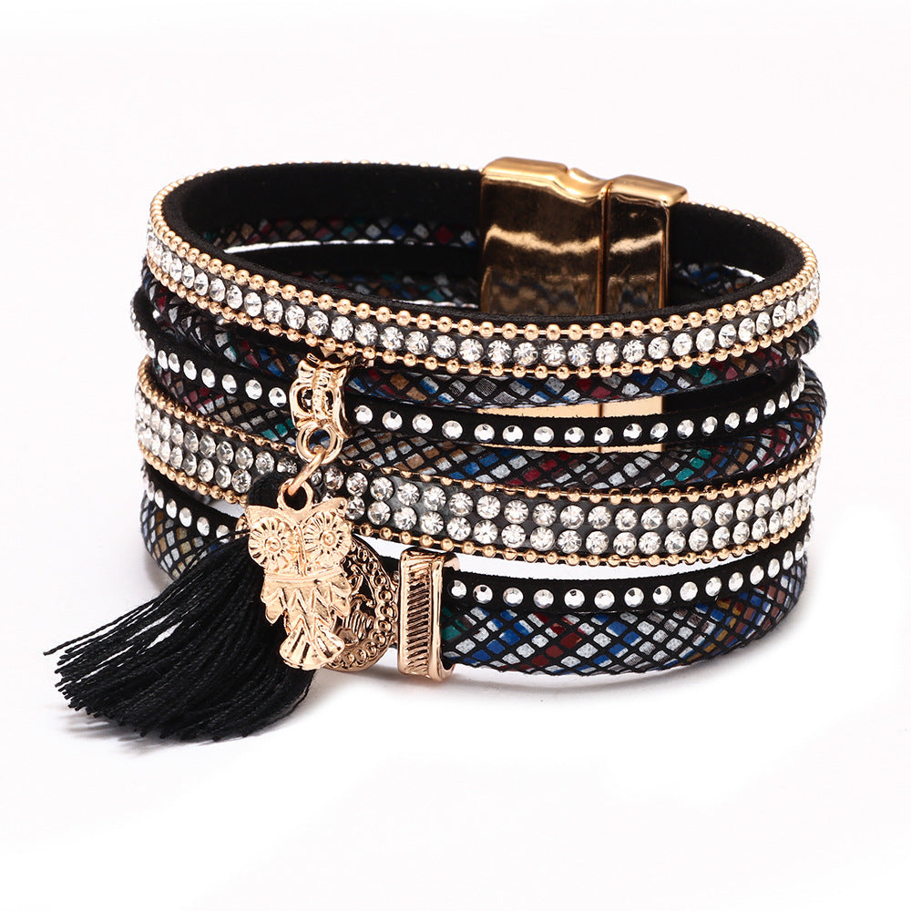 Wholesale Diamond-studded Bohemian Tassel Colorful Magnetic PU Leather Bracelet